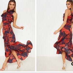 Navy Floral Print Frill Detail Wrap Maxi Dress-NWT